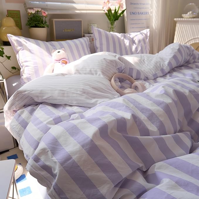 Striped Comforter Set Twin XL, Vintage Purple White Stripes Pattern Printed Bedding Set, Lightweight Soft Striped Bed Comforter with 2 Pillowcases, Farmhouse 3 Piece Comforter Set for All Season