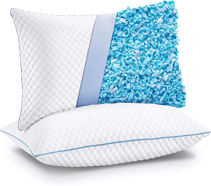 Cooling Shredded Memory Foam Bed Pillows, Standard Size, 2 Pack, 20 x 26 in | Adjustable Firm, Supportive, Breathable, Hypoallergenic, Odorless, Luxury, Cool Gel pillows for Side Back Stomach Sleepers