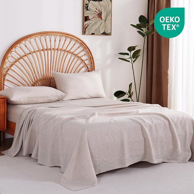 100% Linen Sheets Set King Size, Natural Pure Flax 4 Piece Bed Sets, 16" Deep Pocket, Breathable Cooling Bed Soft Durable Bedding, Machine Washable (Linen,King)