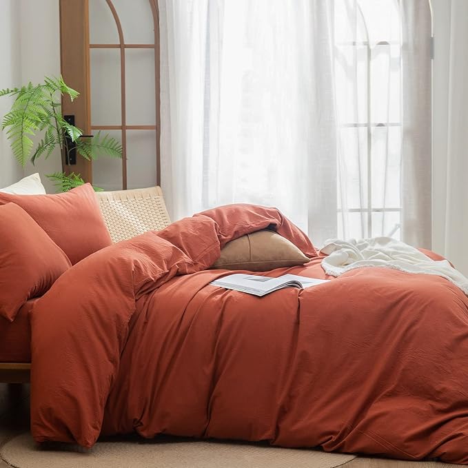 BESTOUCH Cotton Solid Duvet Cover Set Linen Feel Burnt Brick Red Queen | 100% Washed Cotton, Soft Wrinkle Texture, Hidden Zipper, 8 Ties, Breathable Lightweight Durable Comfy, 3 Pcs No Insert