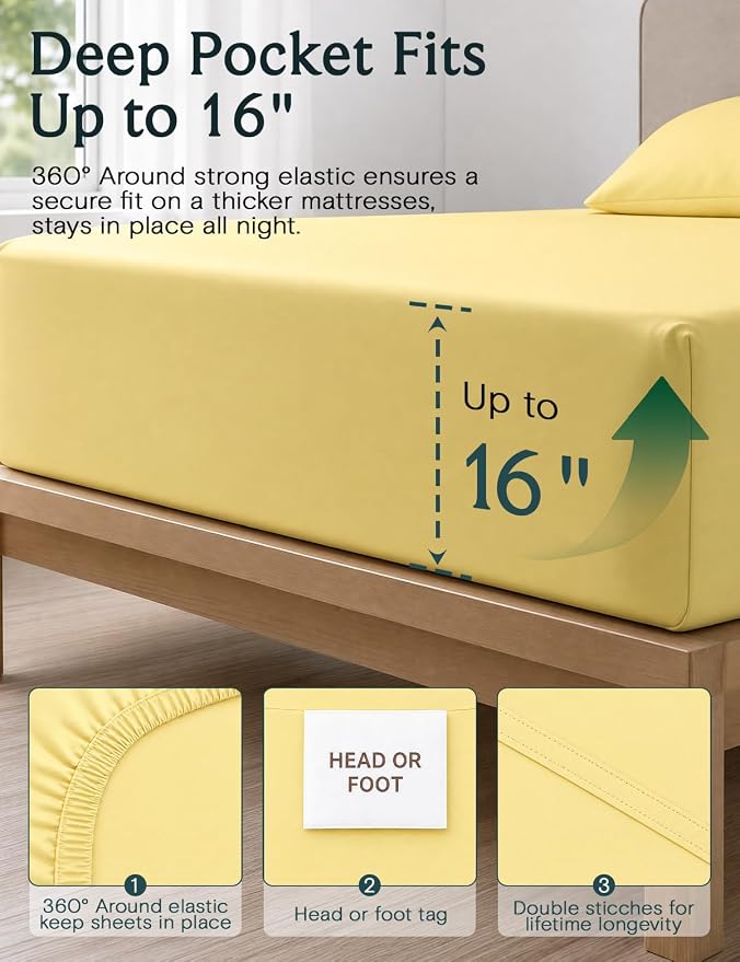 LuxClub Full Size Sheets, Cooling & Soft Deep Pocket Bed Sheets, 4PC | LuxClub Silky Fitted Sheet & Pillowcase Sets, Breathable Hotel Luxury Bedding for Mattress Wrinkle Free, Lemon