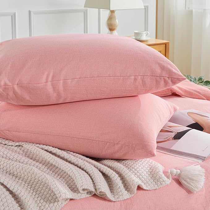 NEXHOME PRO Duvet Cover Full 100% Washed Cotton, Organic Natural Linen Like Textured, Breathable, Durable, Home Bedding Set, Heathered Pink 8090