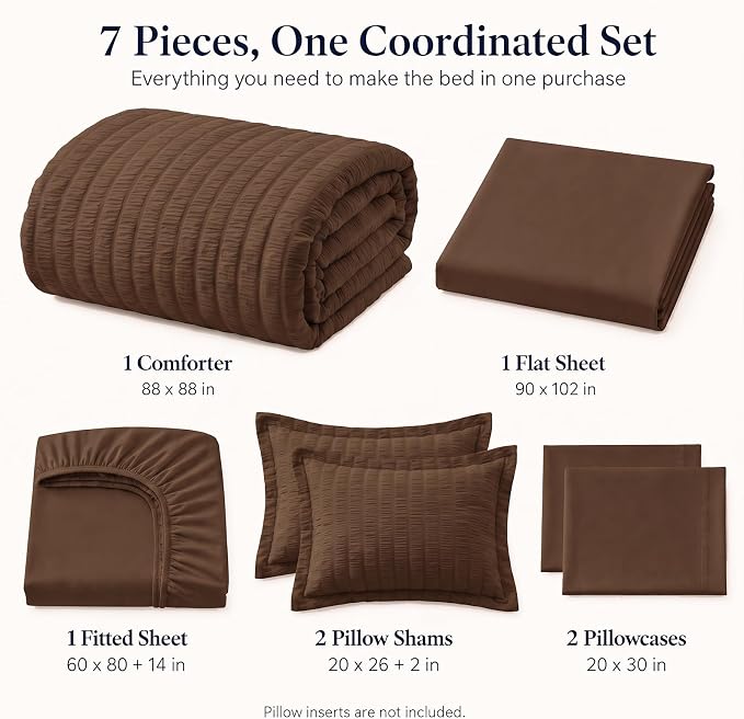Queen Comforter Set, 7 Pieces Brown Seersucker Bed in a Bag | OEKO-TEX Certified, All Season Bedding Set with 240 GSM Down Alternative Comforter, Flat & Fitted Sheets, Pillowcases & Shams