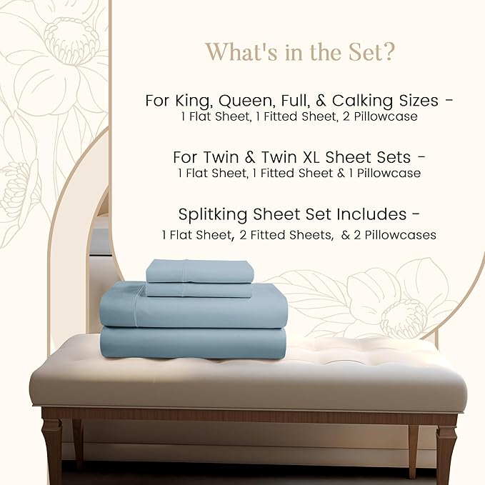 Egyptian Cotton Sheets Full Size Set 4 PC Full Sheets Set -French Blue | 800 Thread Count Luxury Sateen Weave elasticized Sheet & Pillowcase Sets, No Pilling, Breathable & Cooling, Fade Resistant