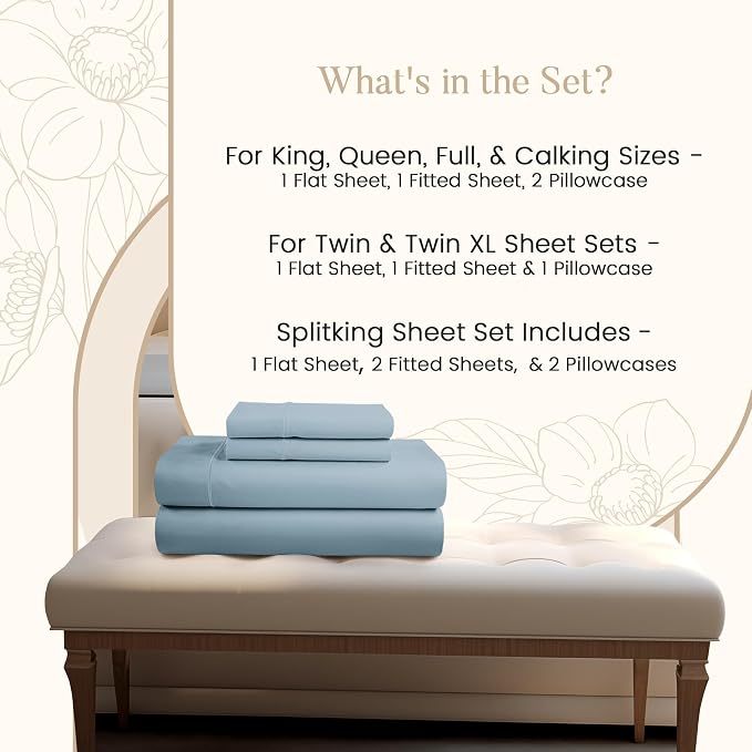 Egyptian Cotton Sheets 4 Piece Luxury CalKing Sheet Set - French Blue | 800 Thread Count Buttery Soft elasticized Sheet & Pillowcase Sets with 15" Deep Pocket, No Pill, Naturally Cool & Breathable