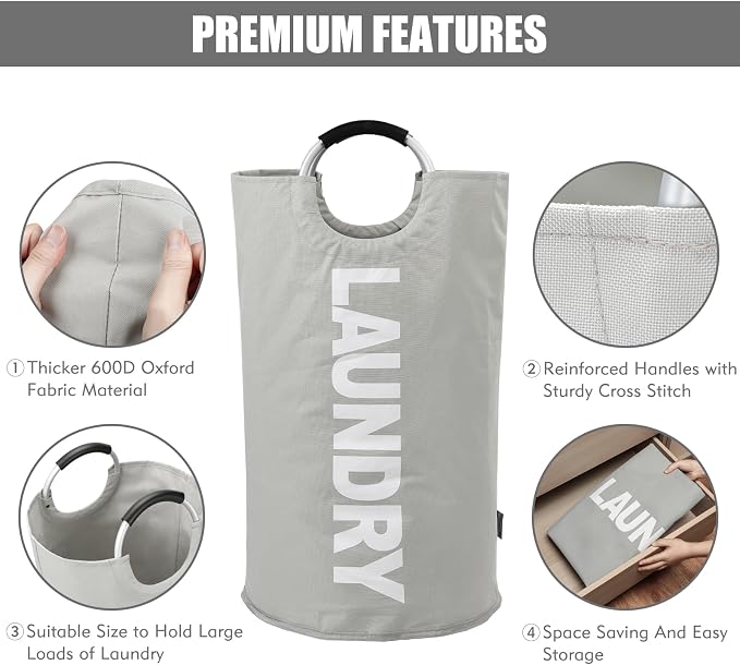 DOKEHOM 125L X-Large Collapsible Washing Laundry Basket Bag (7 Colors) for Bedroom, Fabric (Grey, XL) | Freestanding tall washing bin & foldable laundry bag. Extra large clothes storage basket with durable sturdy handles