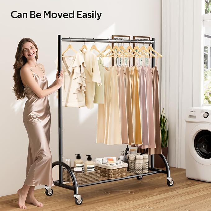 MISSLO Heavy Duty Clothing Rack with Wheels Rolling Clothes Racks for Hanging Clothes, Coats, Garment, Dress, Black (Pack of 2)