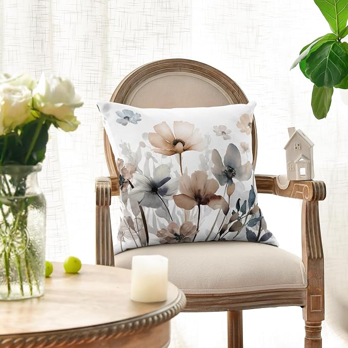 AVOIN colorlife Poppy Flowers Chinoiserie Pillow Covers 18x18 Inch Set of 2 | Seasonal Fall Leaves Cushion Case Decoration for Sofa Couch