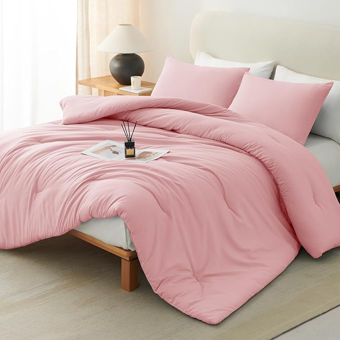 Queen Comforter Set, 3 Pieces Down Alternative Bedding, Pink | 270 GSM All Season Comforter with 4 Corner Ties for Use as a Duvet Insert, OEKO-TEX Certified, 2 Pillowcases, 88 x 88 in