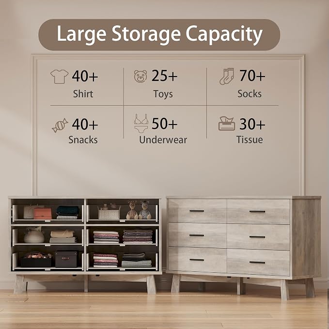 Xixini Dresser for Bedroom, 6 Drawer Wide Modern Chest of Drawers with X-Shaped Sturdy Base, Wood Double Dresser Closet Clothes Storage Organizer, Wooden TV Stand for Living Room, Hallway, Grey