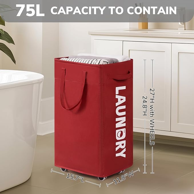 Goodpick 75L Collapsible Laundry Baskets with Wheels and Removable Wash Bag | Rolling Laundry Hamper with Handle for College Dorm and Laundry Room, Laundry Hamper on Wheels, Red