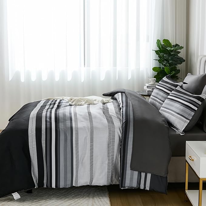 Dobuyly Black Comforter Full Size Set 7 Pieces, Boho Striped Grey Bed in a Bag Full Soft Microfiber Bedding Set for Mens with Comforter, Sheets, Pillowcases & Shams All Season
