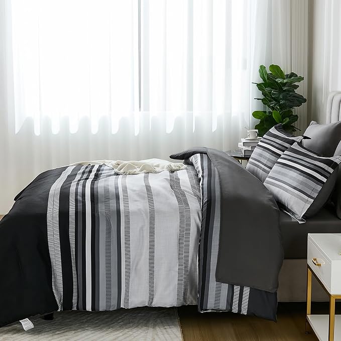 Dobuyly Black Comforter King Size Set 7 Pieces, Boho Striped Grey Bed in a Bag Soft Microfiber Bedding Set with Comforter, Sheets, Pillowcases & Shams All Season