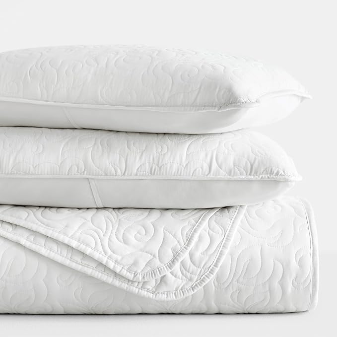 Merit Linens Modern Quilt Coverlet Soft Set in Floral Stitching - King/Cal-King White