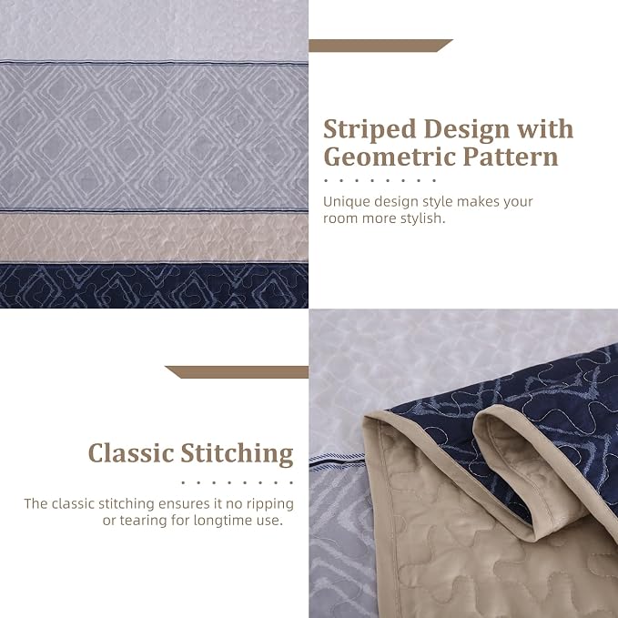 Cottolester Quilt Set Queen,3 Pcs Khaki Navy Blue Striped Plaid Bedspread | Ultra Soft Summer Lightweight Coverlets Set for Men Women,Microfiber Patchwork Quilt Bedding Sets for All Seasons 96"x90"