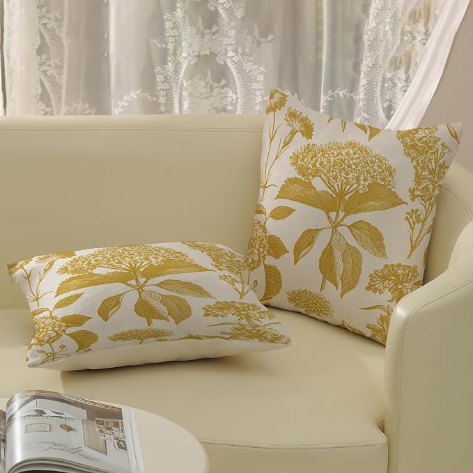 Mustard Yellow Pillow Covers 18x18 Inch 2 Pcs Boho Vintage Floral Decor Throw Pillows Hydrangea Flower Summer Outdoor Farmhouse Neutral Accent Decoration Pillowcase Linen Cushion Cover for Sofa