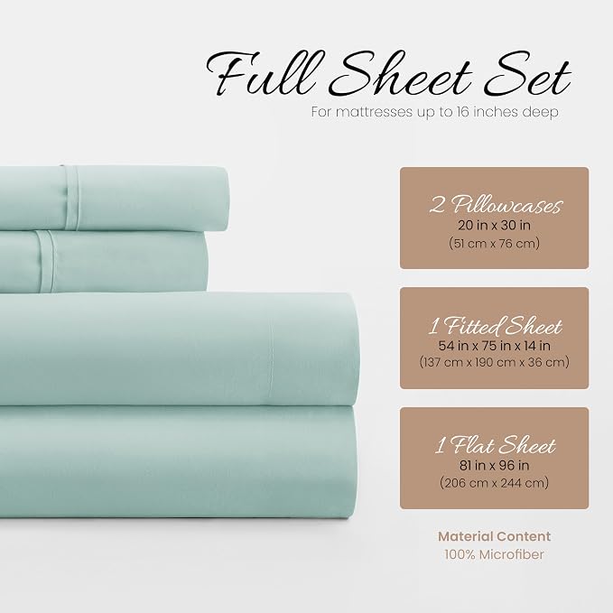 Linen Market Brushed Microfiber Full Sheet Set 4 Piece – Oeko-TEX Certified Ultra Soft & Wrinkle-Free - 16" Deep Pocket Sheets - Easy Care Full Size - Aqua