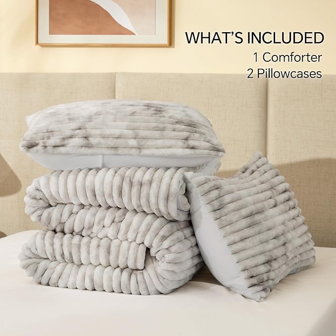 BEDELITE Fleece Queen Comforter Set, Fluffy Bed Set, Grey&White | Super Soft & Warm Bedding, Luxury Fuzzy Faux Fur Comforter for Winter, Heavy Plush Bedding, with 2 Pillowcases