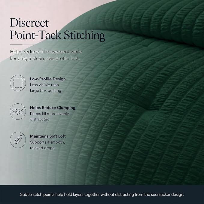King Comforter Set, 7 Pieces Emerald Green Seersucker Bed in a Bag | OEKO-TEX Certified, All Season Bedding Set with 240 GSM Down Alternative Comforter, Flat & Fitted Sheets, Pillowcases & Shams