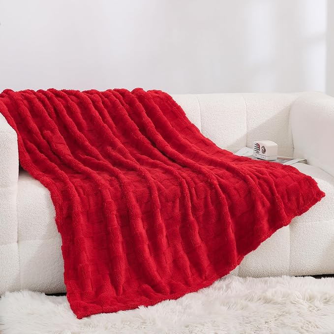 Red Fleece Throw Blanket 50”×60”Checkered Design for Couch Sofa | Super Soft Cozy Plush Microfiber 3D Square Pattern Flannel Blanket for bed Lightweight for Adults,Women