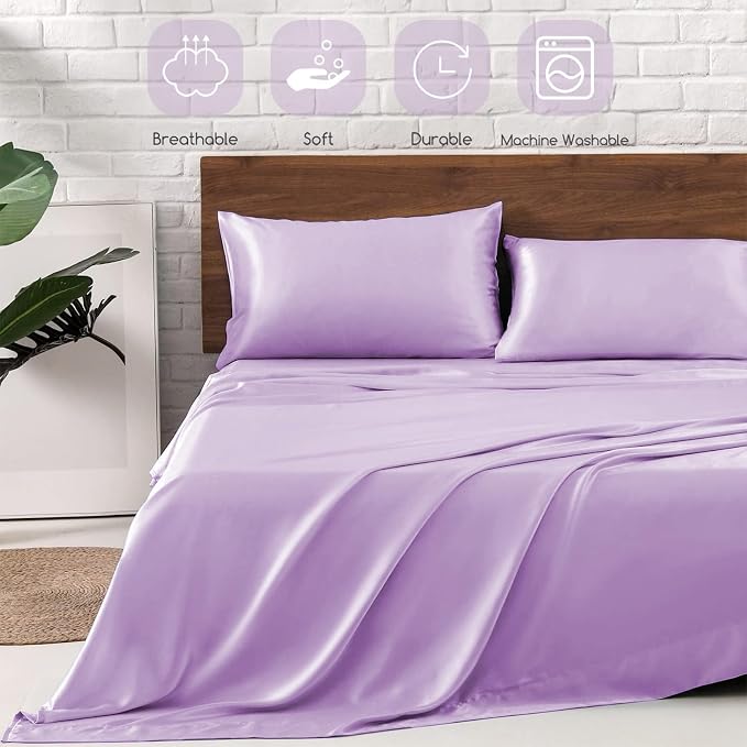 MR&HM Satin Sheets Full Size with Elastic Corner Straps, Lilac | Similar to Silk, 4-Piece Silky Soft Bed Sheet Set, Gentle on Skin and Hair, 15" Deep Pocket, Cooling & Breathable