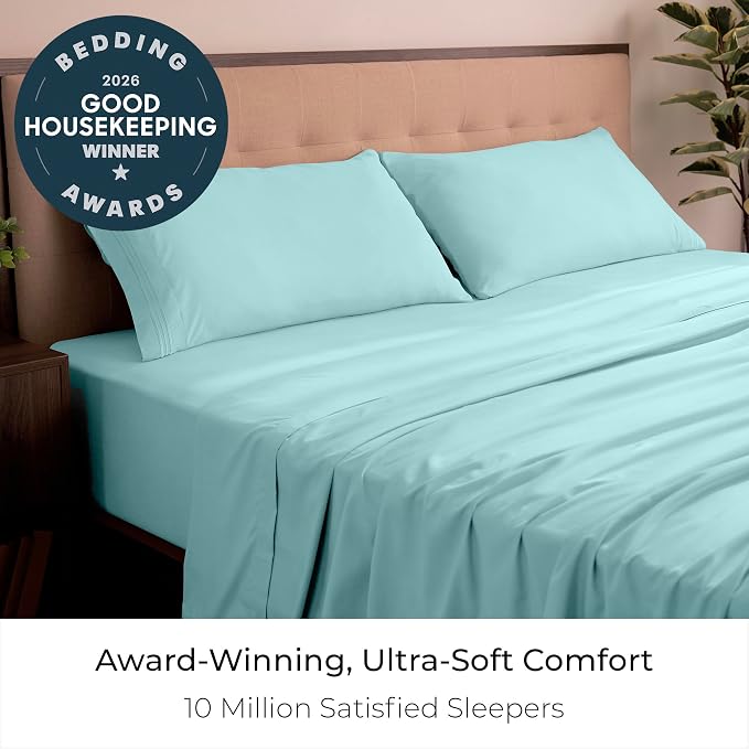 Mellanni Iconic 4-Piece, Ultra Soft Sheet Set (King, Aqua) | 10M+ Sleepers. Lab-tested: Sleeps Cool, Stays Bright, Strong, Smooth. Good Housekeeping Best Bedding, 7 yrs running.
