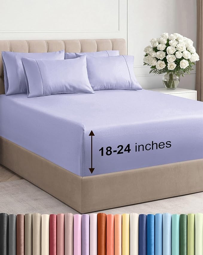 Extra Deep King Sheet Set - 6 Piece Breathable & Cooling Sheets - Lavender | Hotel Luxury Bed Sheets Set, Easy & Secure Fit, Ultra-Soft, Wrinkle & Fade Free, Comfy Sheets Set with Extra Deep Pockets