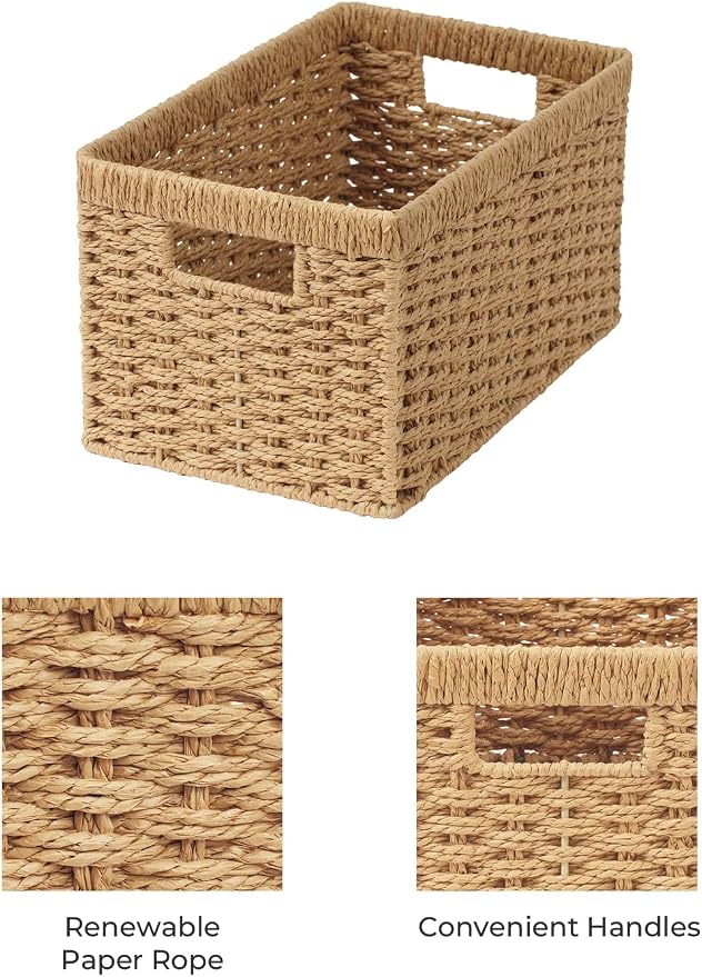 StorageWorks Wicker Storage Baskets for Shelves, Paper Rope Basket, 2-Pack | Rectangular Wicker Storage Baskets, Wicker Basket with Handles, Pantry Organizer and Storage, Woven Baskets,13"L x 8¼"W x 7"H