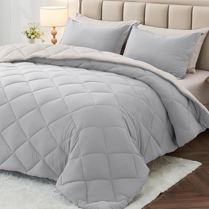 7 Pieces Oversized Queen Comforter Set, Reversible Bed in a Bag Oversized Queen Size, All Season Bedding Set with Comforter, Flat Sheet, Fitted Sheet, Pillowcases & Shams, Light Grey & Beige