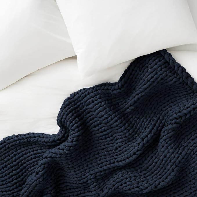 Cotton Hand-Knit Weighted Blankets for Adults - Chunky Knit Blanket - Sustainable, Breathable, Organic, Cooling Weighted Blanket - Machine Washable (Midnight Blue, 20 lbs, 45"x72")