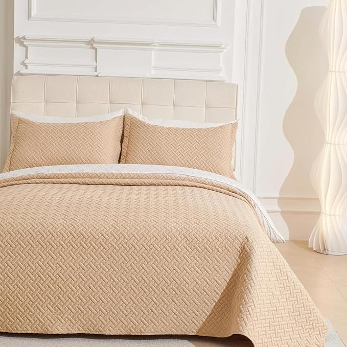 Legacy Decor Bedspread Coverlet 3 Pcs Set Oversized 100" W x 106" L Queen Size Beige Color