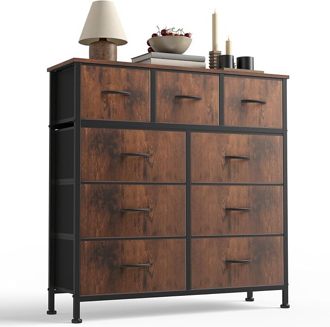 DUMOS Dresser for Bedroom, Storage Organizer with 9 Drawers | Chest of Drawers with Fabric Bins, Sturdy Metal Frame, Wood Tabletop for Guest Room, Closet, Entryway, Rustic Brown
