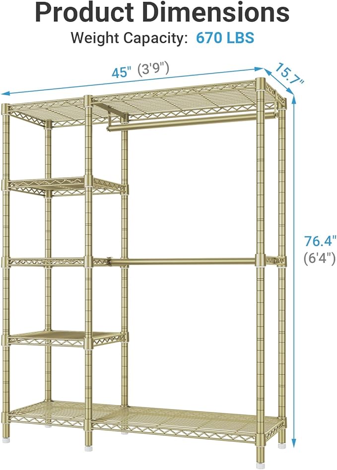 VIPEK V7 Garment Rack with Shelves Portable Closet for Hanging Clothes | 5 Tiers Adjustable Wire Shelving, Double Hanging Rods, 670lbs Metal Closet System, Space-Saving Storage for Apartment,Gold
