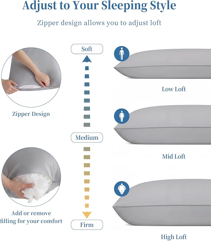 YZ HOME Full Body Pillow Insert -Large Long Bed Pillow for Side Sleeper | Full Body Pillow for Adults, Adjustable Height, Long Sleeping Breathable Bed Pillow-(Grey, 20x54'')