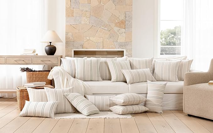 Hckot Grey Decorative Throw Pillow Covers 24x24 Set of 2 Boho Pillow Covers | Striped Farmhouse Pillows Textured Linen Square Cushion Covers for Sofa Couch Bed Living Room Decor(Light Grey)