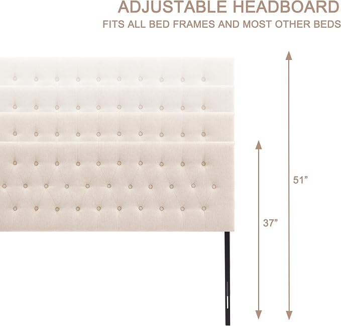 Tufted Upholstered Headboard Queen Size, Adjustable Height 37- 51 in, Beige | Sturdy and Durable Solid Wood Bed Headboard, Fabric Queen Headboard Only, Modern Button Diamond Design Head Board