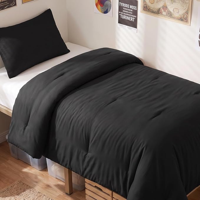 Twin/Twin XL Comforter Set, 2-Piece Down Alternative Bedding, Black | 270 GSM Twin XL Comforter for College Dorms, 4 Corner Ties for Duvet Insert Use, OEKO-TEX Certified, 1 Pillowcase, 68 x 88 in