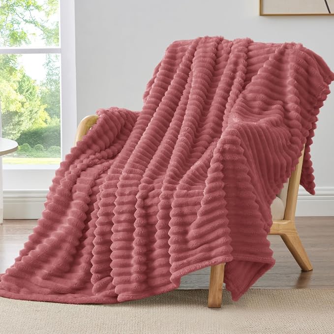 BEDELITE Striped Fleece Throw Blanket, Brick Dust, 50"x60" | 300GSM Microfiber Fleece, Soft Cozy, Lightweight Warm, Double-Sided Plush, Machine Washable, Gift, Room Decor, for Couch Sofa