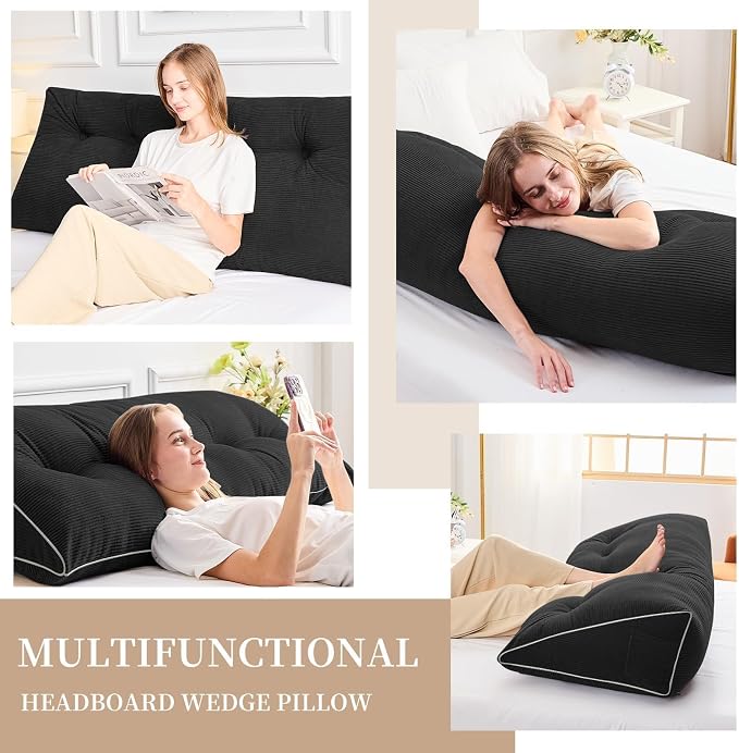 Sasttie Headboard Pillow Queen, Wedge Pillow Headboard, Black | Triangle Backrest Cushion for Sitting or Reading in Bed, Dorm Essentials, OEKO-TEX, Down Alternative Fill, Side Pockets