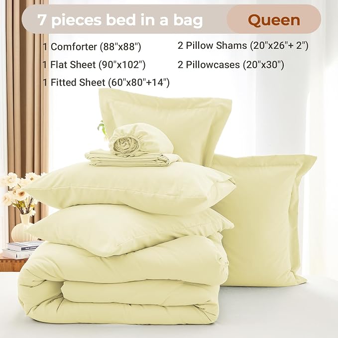 7 Pieces Queen Comforter Set, Soft Bed in a Bag Queen Size, All Season Bedding Set with Comforter, Flat Sheet, Fitted Sheet, Pillowcases & Shams, Cream Yellow