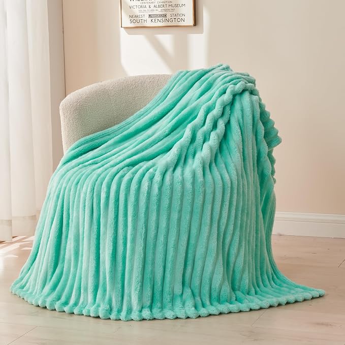 NEWCOSPLAY Fleece Ribbed Cozy Twin Blanket for Couch, Aqua, 60"x80" | Premium Silky Flannel Blanket, Soft Lightweight Fluffy Throw Blanket for Bed Sofa Decor, Gift for All Season Use