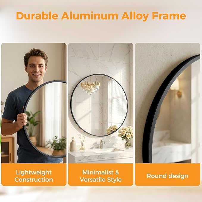 Sweetcrispy Round Bathroom Wall Mirror, Vanity Mirror, 24 Inch | Matte Metal Frame, Over Sink Entryway Bedroom Decor, Hanging Home Style, Black