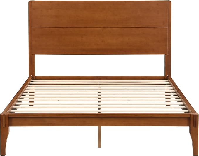 Merax Full Size Bamboo Platform Bed Frame with Tall Headboard, Brown | Mid-Century Modern Solid Bedframe Full-Size, Wood Slat Support, No Box Spring Needed, Easy Assembly, Noise Free
