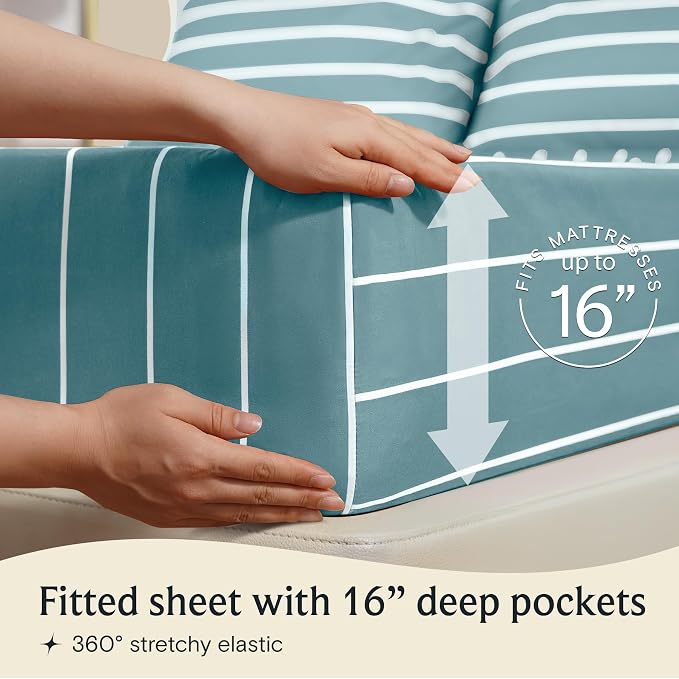 LuxClub 4 PC Full Size Sheet Set, Breathable Luxury Bed Sheets, Deep Pockets 18" Wrinkle Free Cooling Machine Washable Hotel Bedding (Striped Light Blue) | LuxClub Silky Fitted Sheet & Pillowcase Sets, Breathable Hotel Luxury Bedding for Mattress Wrink...