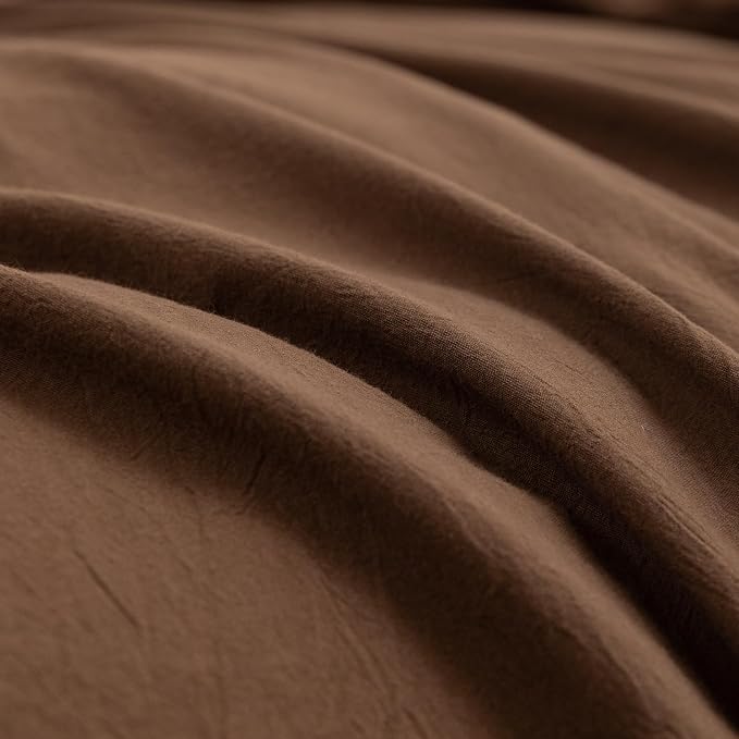 BESTOUCH Cotton Solid Duvet Cover Set Linen Feel Cocoa Brown Oversized King | 100% Washed Cotton, Soft Wrinkle Texture, Hidden Zipper, 8 Ties, Breathable Lightweight Durable Comfy, 3 Pcs No Insert