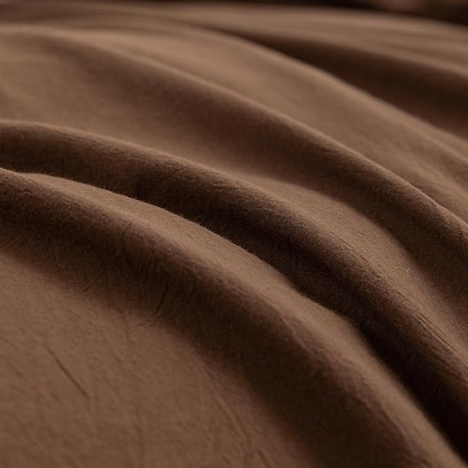 BESTOUCH Cotton Solid Duvet Cover Set Linen Feel Cocoa Brown Full | 100% Washed Cotton, Soft Wrinkle Texture, Hidden Zipper, 8 Ties, Breathable Lightweight Durable Comfy, 3 Pcs No Insert