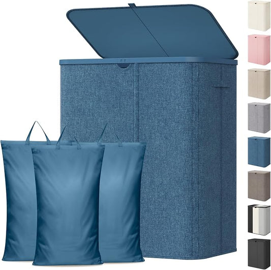 Lifewit 185L 3 Section Laundry Hamper with Lid, Laundry Basket, Dark Blue | Large Foldable Laundry Sorter with 3 Removable Bags, Tall Clothes Hamper for Bedroom and Bathroom