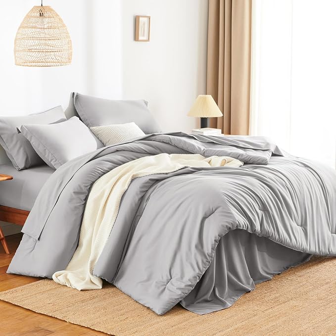 HIMEET King Comforter Set, 7-Piece Point-Quilted Bed in a Bag, French Grey | OEKO-TEX Certified, Lightweight 240 GSM Comforter, Flat Sheet, 14-Inch Deep-Pocket Fitted Sheet, Pillowcases & Shams