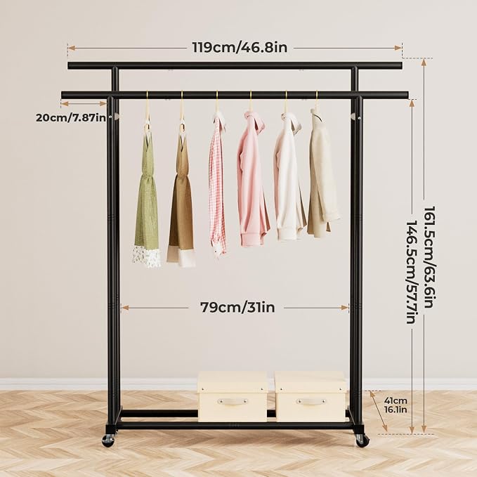 Abiglifty Double Rods Clothes Rack for Hanging Clothes | Clothing Rack with Wheels, Portable Closet Organizer for Laundry, Room (Black）