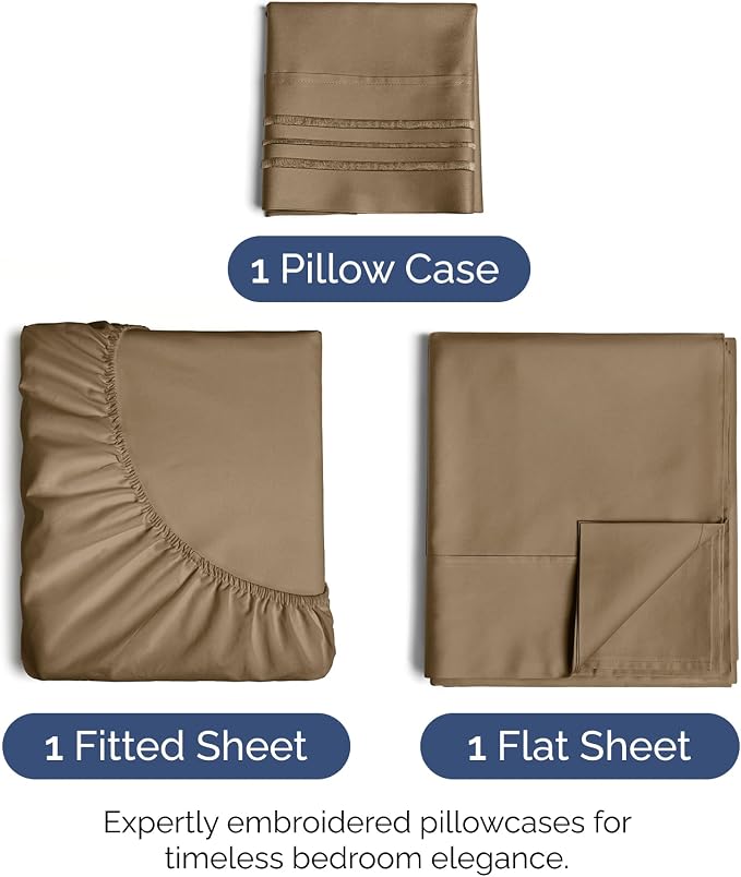 Twin Size 3 Piece Sheet Set - Ultra Soft & Cooling Sheets - Neutral Brown | Fits 8 Inch to 16 inch Mattress, Wrinkle Free & Fade Resistant with Deep Pockets, Breathable, Comfy Hotel Luxury Bedding